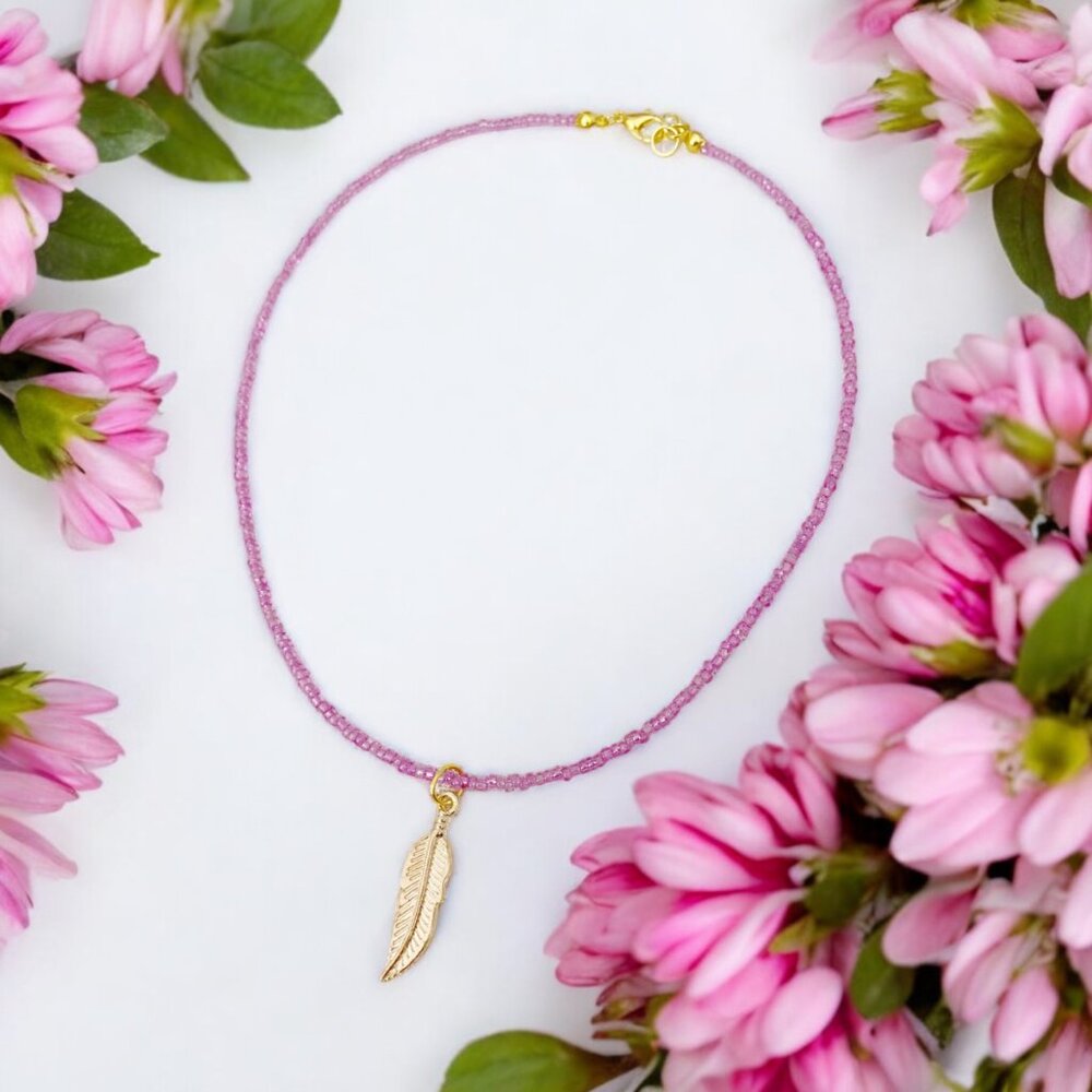 HANDMADE pinkish purple gold feather charm pendant choker necklace
